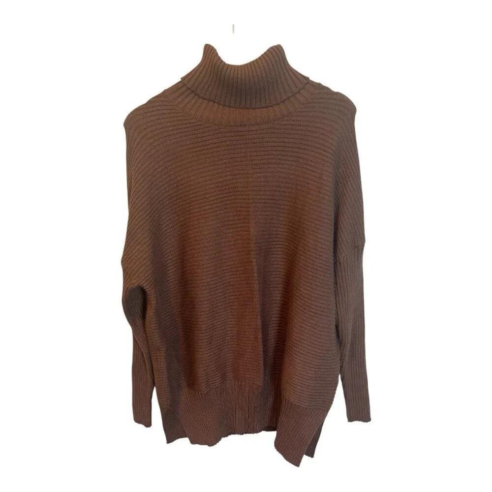 Women's Turtleneck Brown Sweater Medium Ribbed Knit Pullover Oversized Casual